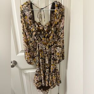 ASTR Floral Dress with Yellow and Brown Accents- open back with tied bow
